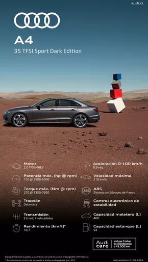 Catálogo Audi en Lo Barnechea | Audi Ficha Técnica Nuevo A4 35 TFSI Sport Dark Edition | 2024-09-30T00:00:00.000Z - 2025-09-30T00:00:00.000Z