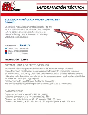 Catálogo Ferretería O'Higgins en Maipú | ELEVADOR HIDRAULICO P/MOTO CAP.800 LBS | 2025-05-12T00:00:00.000Z - 2025-05-26T00:00:00.000Z